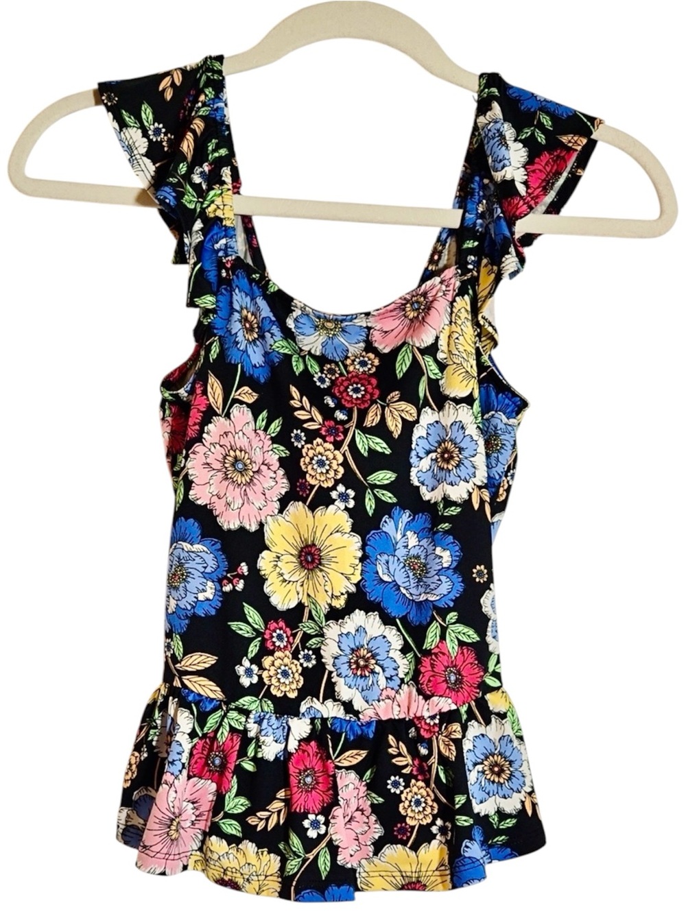 black floral, open-back/tie-back, ruffle sleeves, peplum tank top, SZ SMALL, NWT